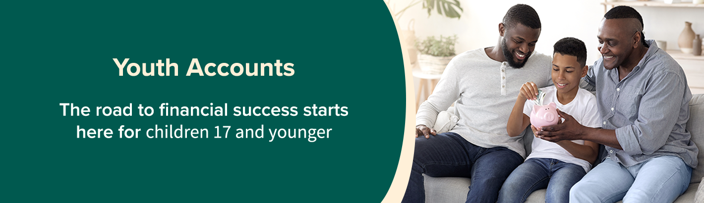 Split Banner. Left side shows a teenage girl using a computer. Right side shows two parents watching their child put money in his piggy bank